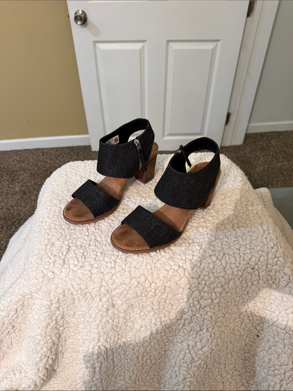 Toms Black Fabric Open-Toe Block Heel Sandals